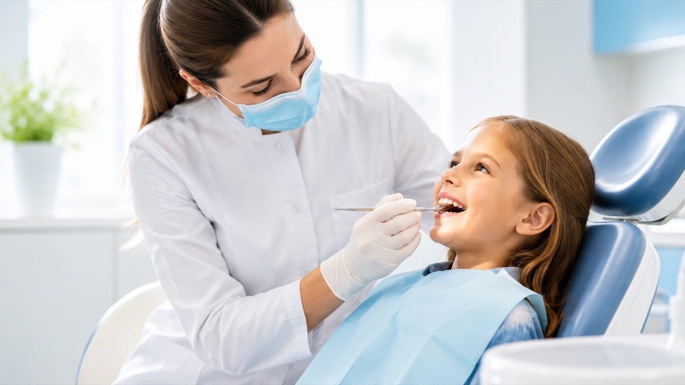 A dentist gently checking a young girl's teeth at Mount Druitt Dental