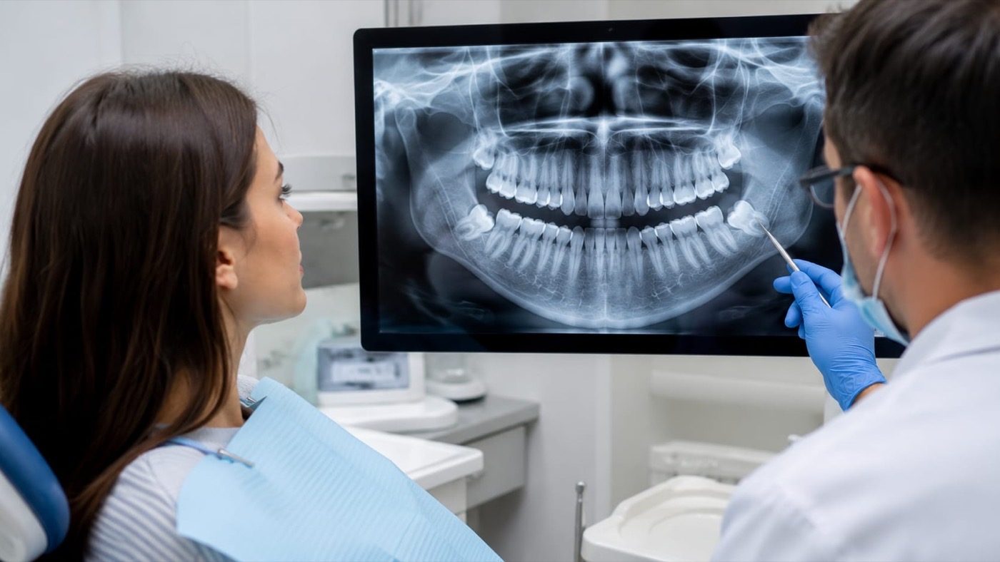 A dentist showing a patient their dental X-ray at Mount Druitt Dental
